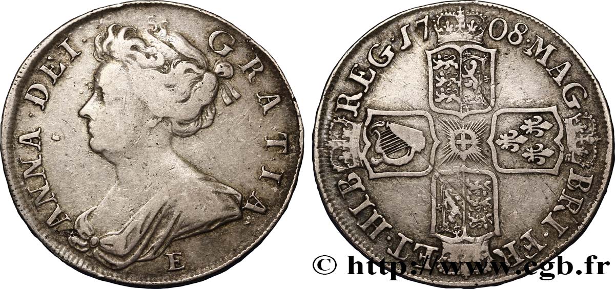 ROYAUME-UNI 1/2 Crown reine Anne / armes, SEPTIMO sur tranche 1708 Edimbourg TB+/TTB 