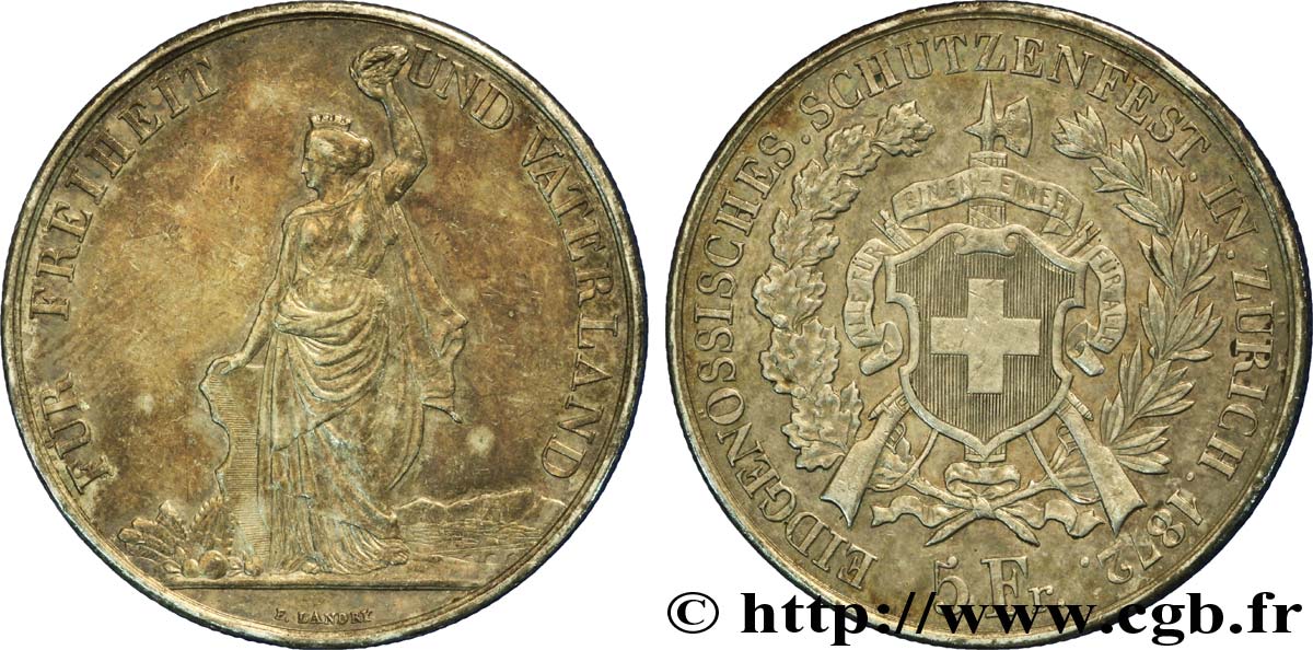 SCHWEIZ Médaille de 5 francs, concours de tir de Zurich 1872  VZ 