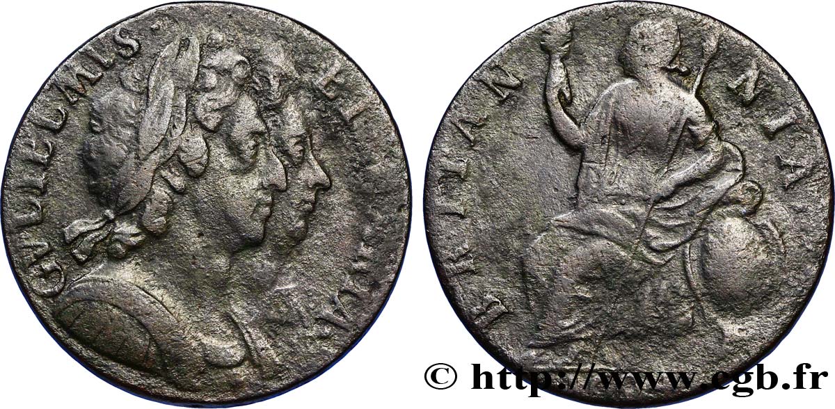 UNITED KINGDOM 1/2 Penny Guillaume tête laurée et Marie / Britannia 1694  VF 