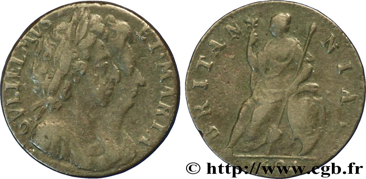 REINO UNIDO 1 Farthing Guillaume III et Marie II / Britannia 1694  BC+ 