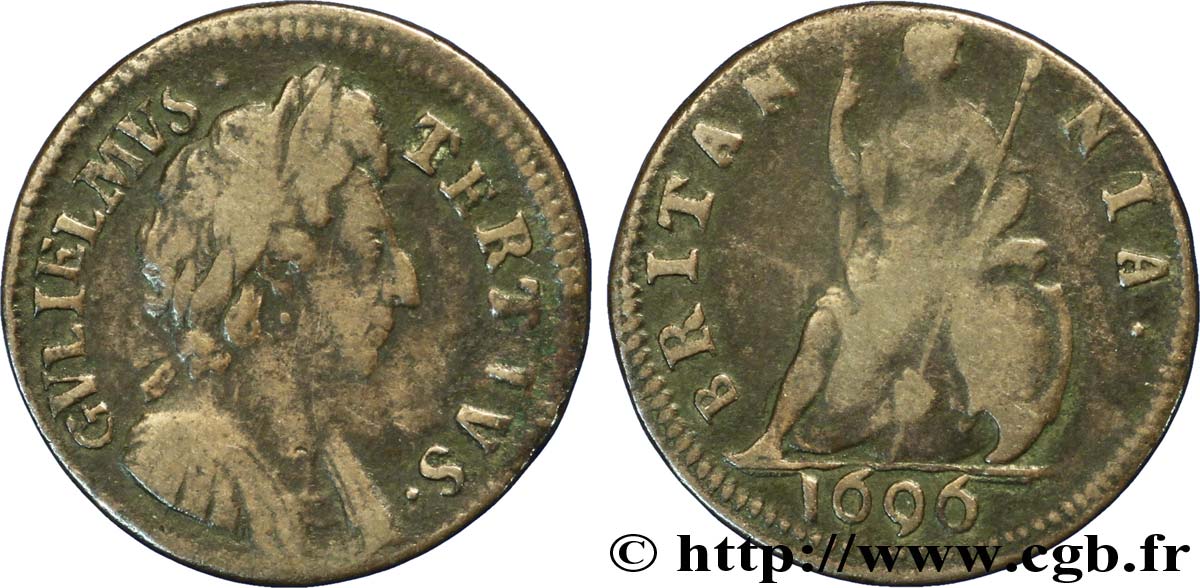 ROYAUME-UNI 1 Farthing Guillaume III / Britannia 1696  TB 