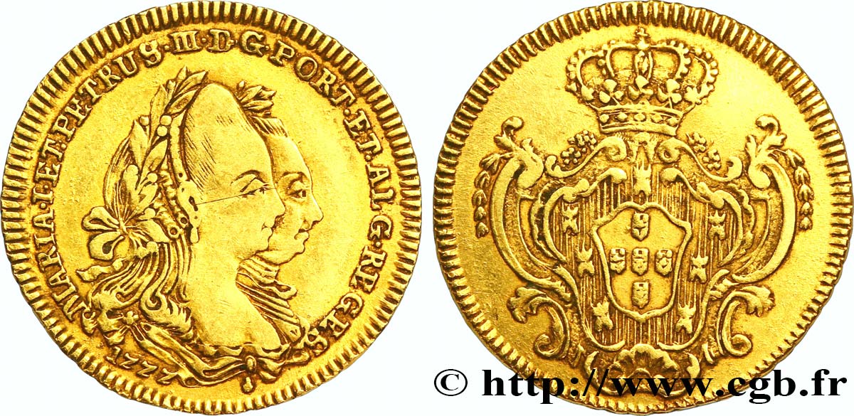 PORTUGAL Demi-escudo Or (800 Reis) Marie Ier et Pierre III 1777 Lisbonne BC+ 