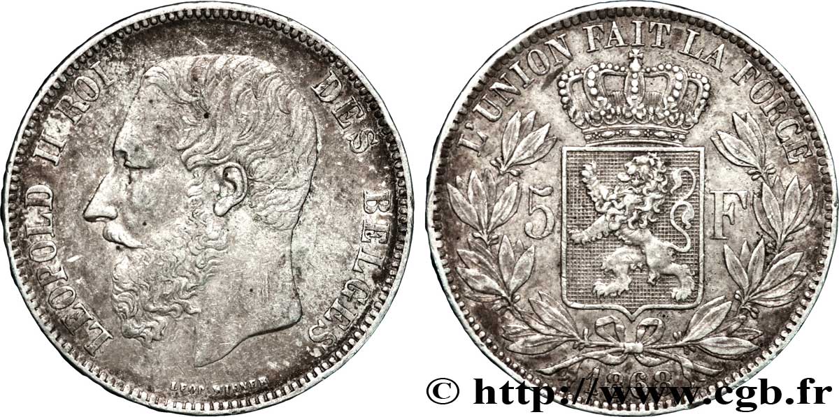 BELGIUM 5 Francs Léopold II 1868  AU 