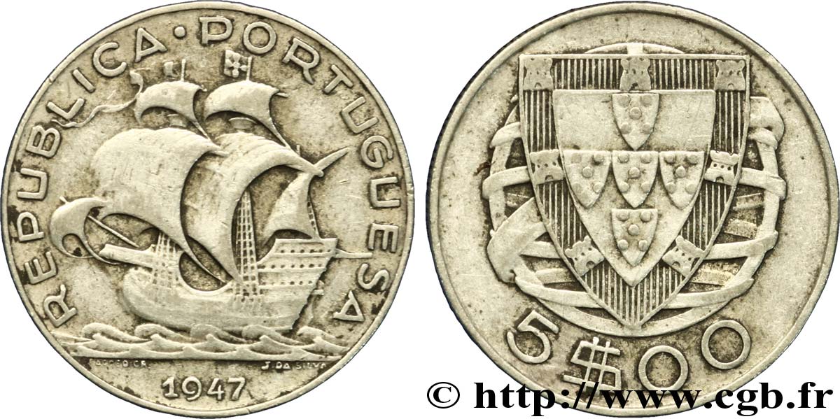 PORTUGAL 5 Escudos emblème 1947  BC+ 