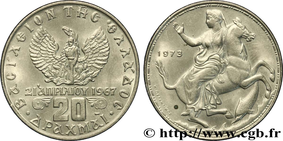 GRECIA 20 Drachmes aigle / Séléné 1973  EBC 
