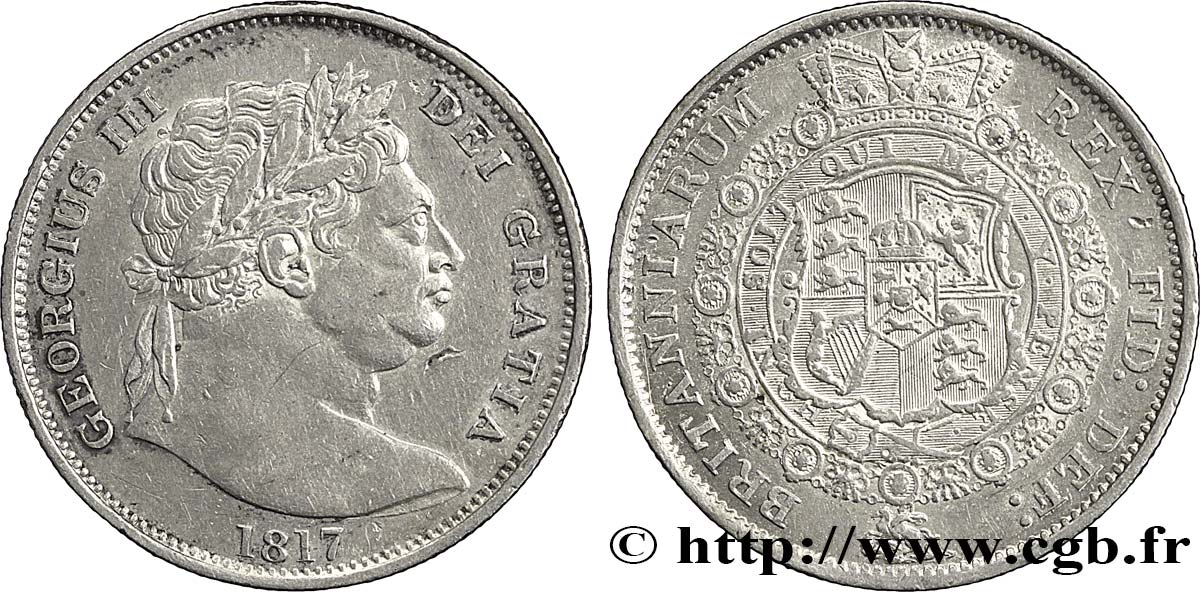 ROYAUME-UNI 1/2 Crown Georges III type à la grosse tête / emblème 1817  SUP 