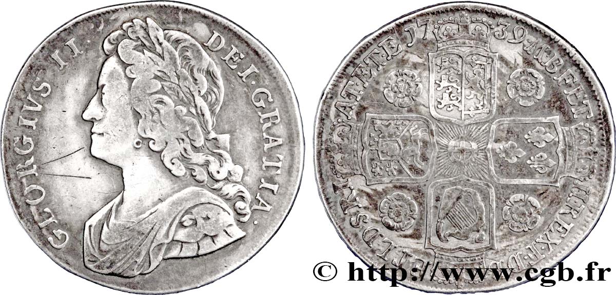 UNITED KINGDOM 1 Crown Georges II / St Georges terrassant le dragon 1739  VF 