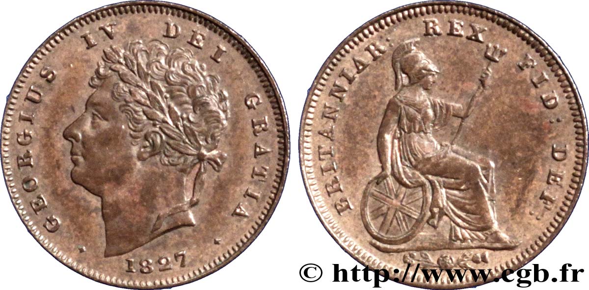 REGNO UNITO 1/3 Farthing Georges IV / Britannia 1827  SPL 