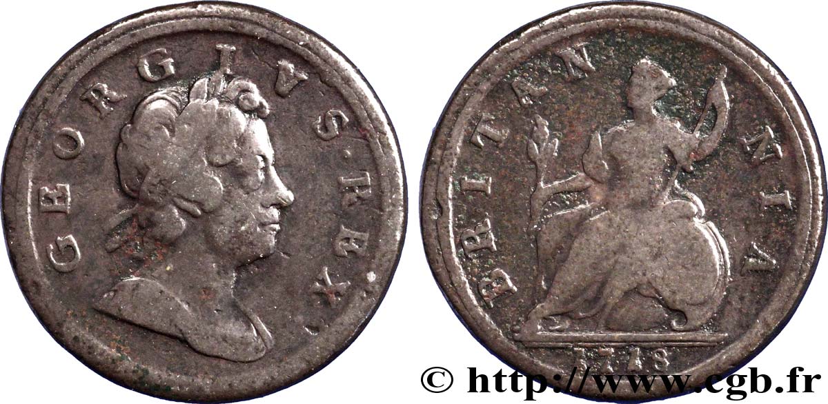 UNITED KINGDOM 1/2 Penny Georges Ier tête laurée / Britannia 1718  VF 