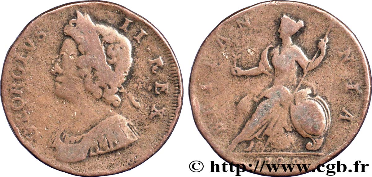 REGNO UNITO 1/2 Penny Georges II tête laurée / Britannia 1729  q.MB 