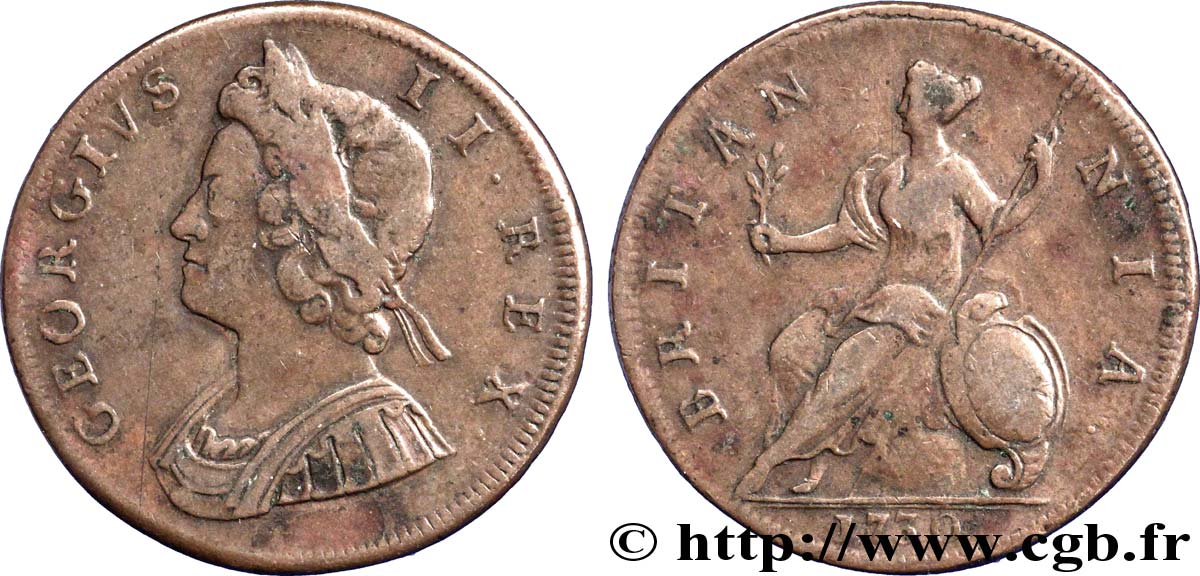 VEREINIGTEN KÖNIGREICH 1/2 Penny Georges II tête laurée / Britannia 1730  S 