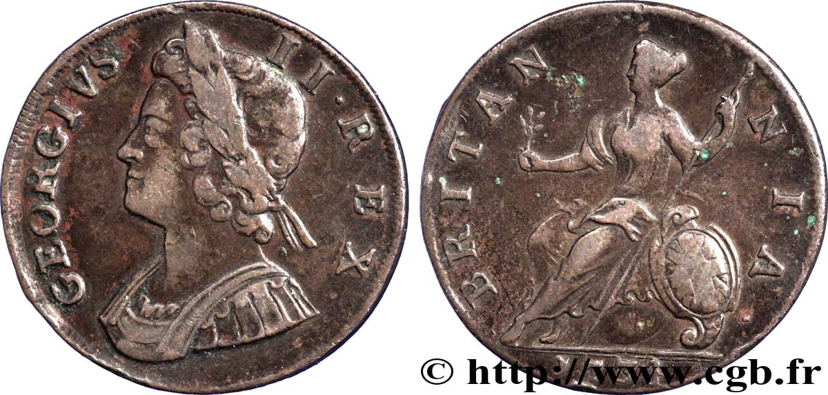 VEREINIGTEN KÖNIGREICH 1/2 Penny Georges II tête laurée / Britannia 1734  fSS 