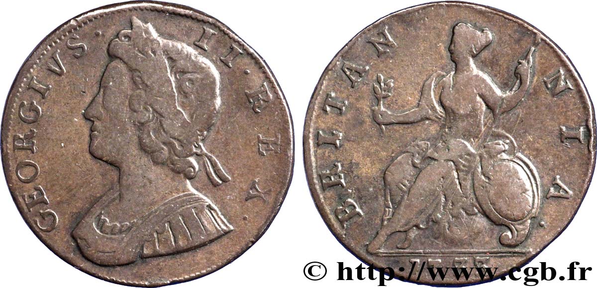 VEREINIGTEN KÖNIGREICH 1/2 Penny Georges II tête laurée / Britannia 1733  S 