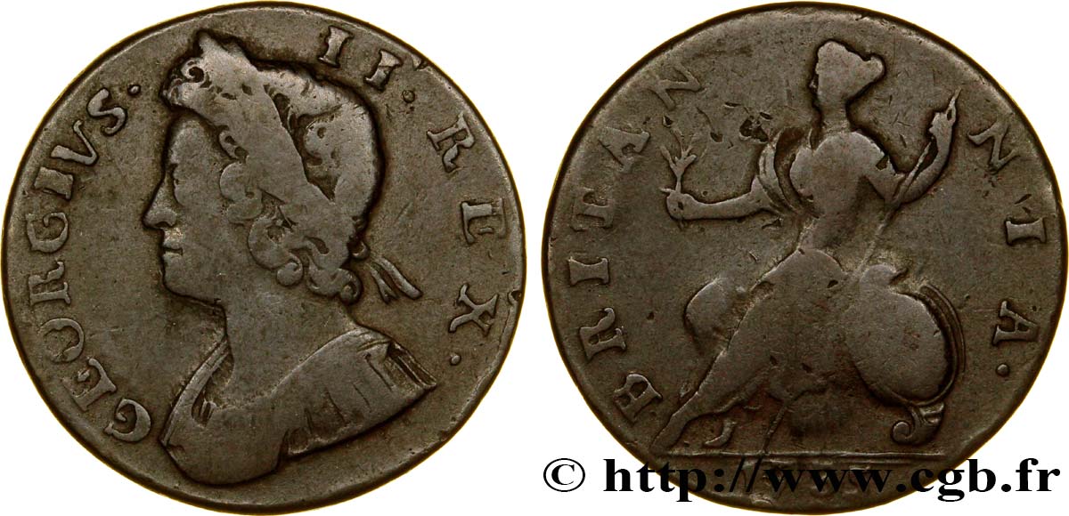 REGNO UNITO 1/2 Penny Georges II tête laurée / Britannia 1735  q.MB 