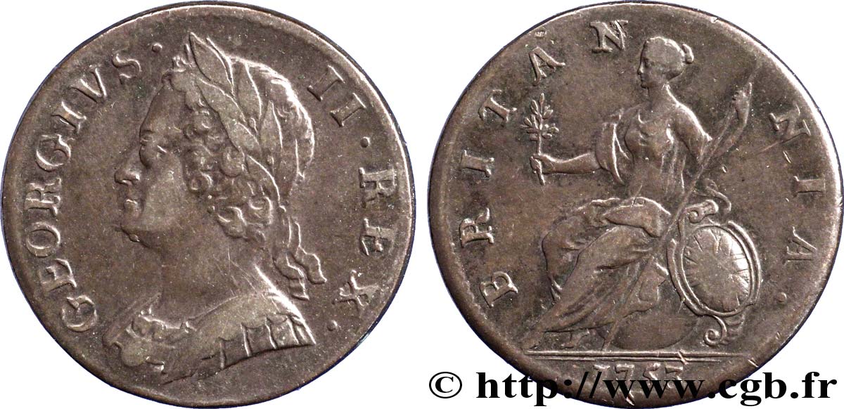 REGNO UNITO 1/2 Penny Georges II tête laurée / Britannia 1753  q.BB 