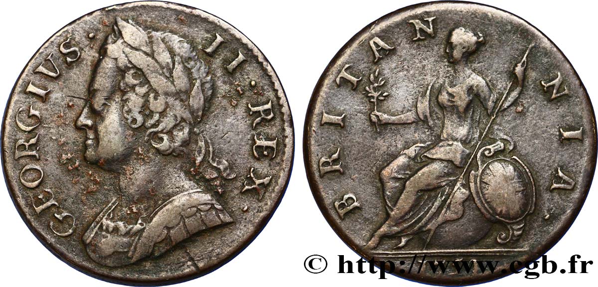 REGNO UNITO 1/2 Penny Georges II tête laurée / Britannia 1754  q.BB 