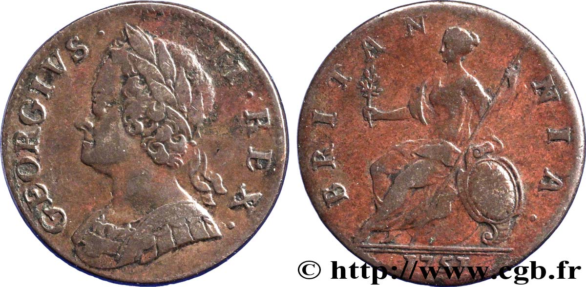 REINO UNIDO 1/2 Penny Georges II tête laurée / Britannia 1751  BC+ 