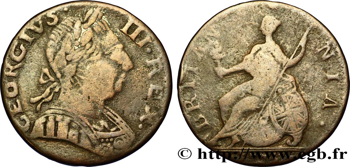 UNITED KINGDOM 1/2 Penny Georges III tête laurée / Britannia 1775 Londres VF 