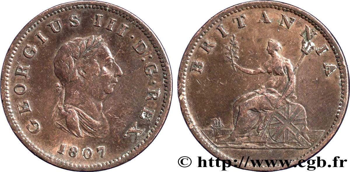 VEREINIGTEN KÖNIGREICH 1/2 Penny Georges III tête laurée 1807  S 