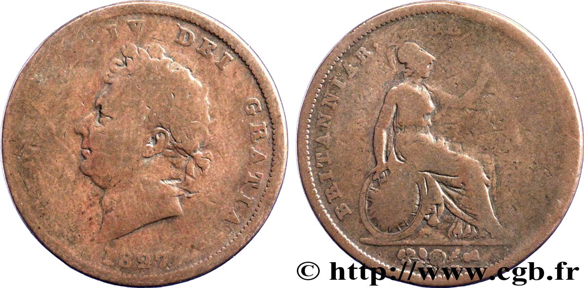 VEREINIGTEN KÖNIGREICH 1 Penny Georges IV tête laurée / Britannia 1827  SGE 