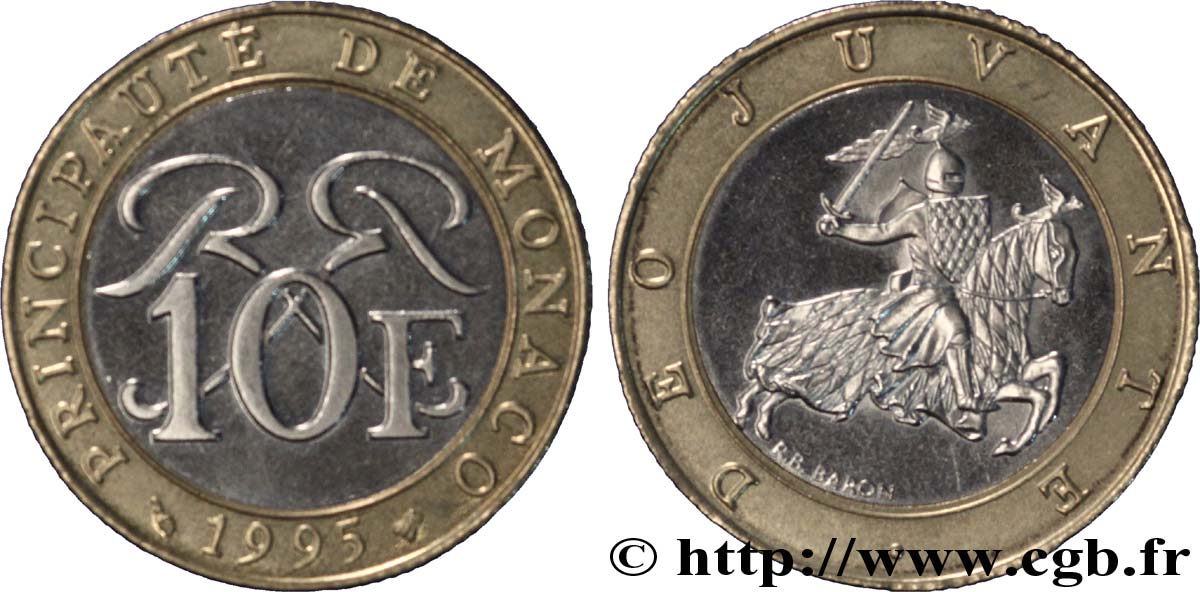 MONACO 10 Francs monogramme de Rainier III / chevalier en armes 1995 Paris SPL 