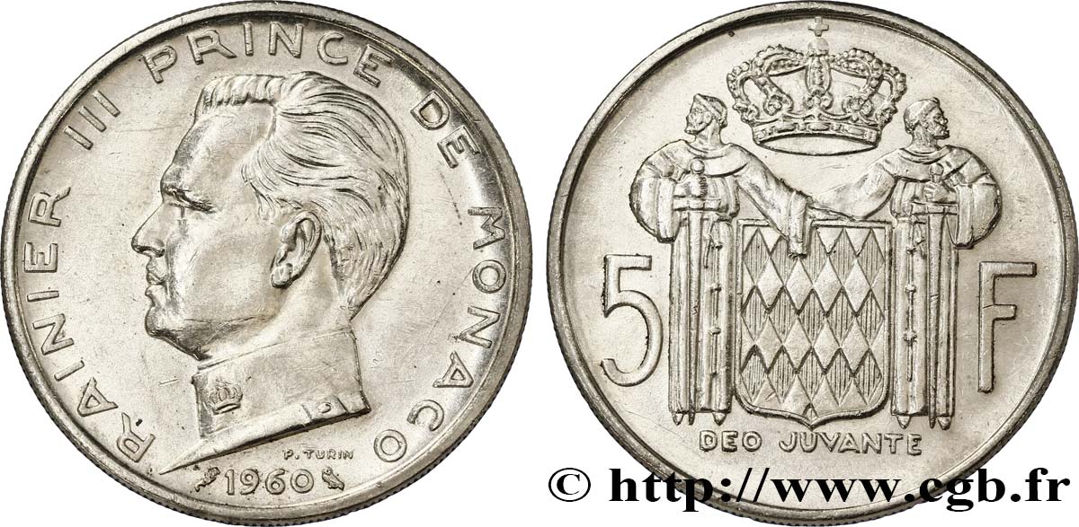MONACO 5 Francs Prince Rainier III / écu 1960 Paris TTB+ 