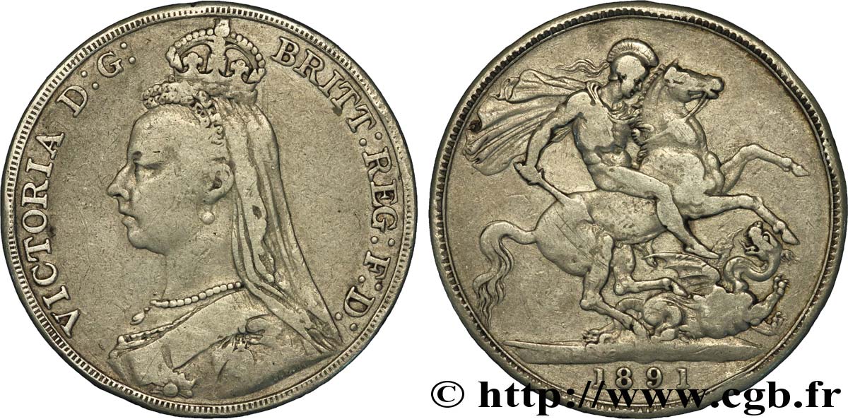 REINO UNIDO 1 Crown Victoria buste du jubilé / St Georges terrassant le dragon 1891  BC+ 