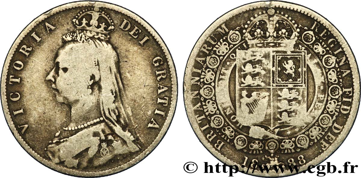 UNITED KINGDOM 1/2 Crown Victoria buste du jubilé 1888 Londres VF 