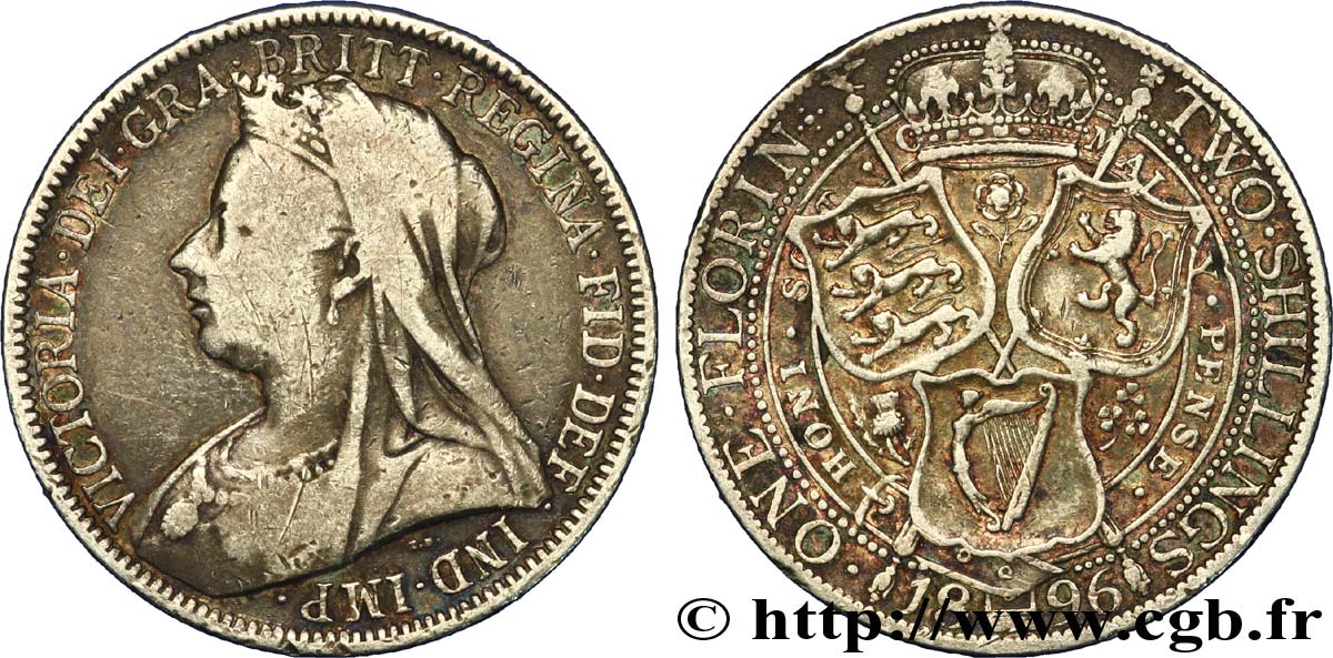 UNITED KINGDOM 1 Florin Victoria “Old Head” / armes 1896  VF 