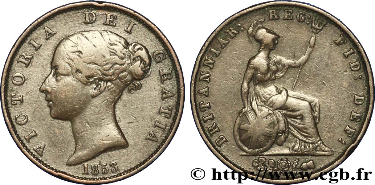 REINO UNIDO 1/2 Penny Victoria “tête jeune” 1853  BC+ 