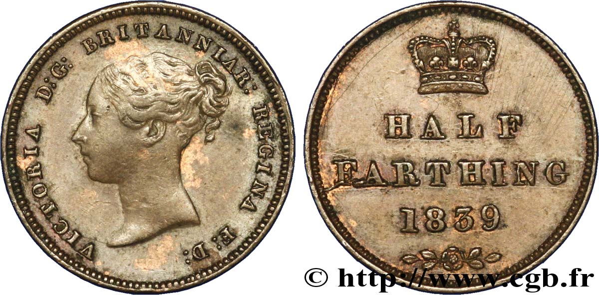 REINO UNIDO 1/2 Farthing Victoria “tête jeune” 1839  EBC 