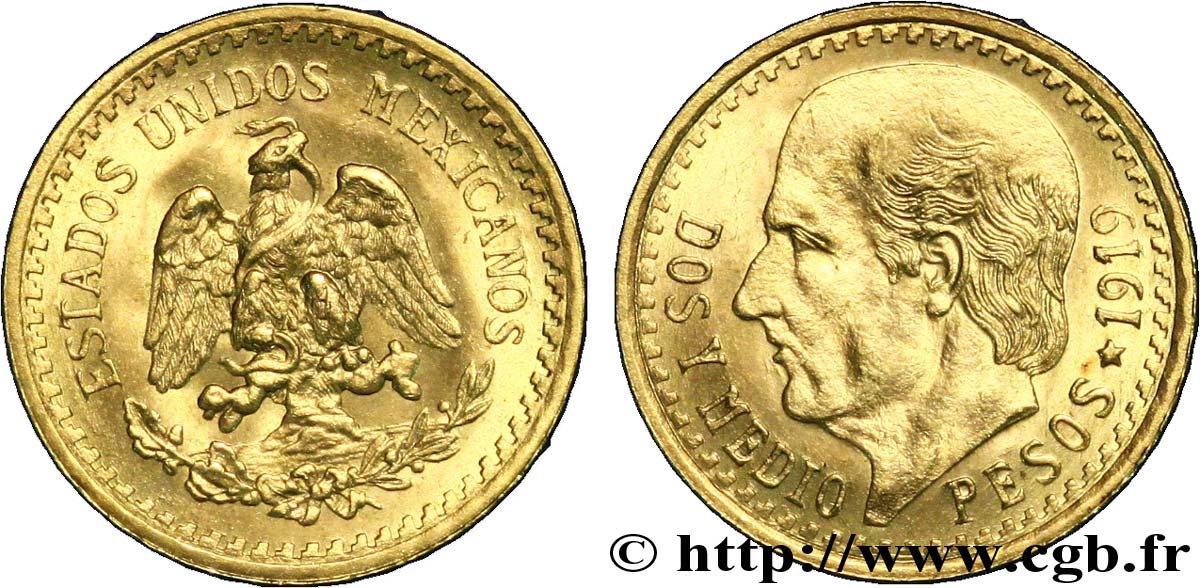MEXIKO 2 1/2 Pesos or Aigle du Mexique / Miguel Hidalgo 1919 Mexico VZ 