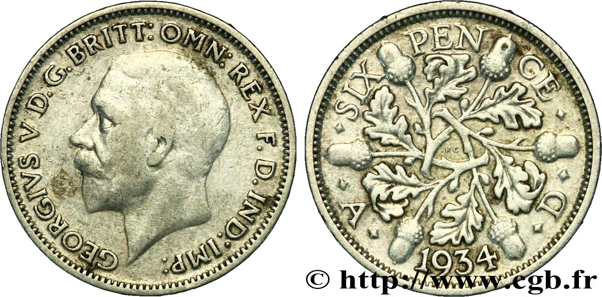 UNITED KINGDOM 6 Pence Georges V / 6 rameaux de chêne 1934  VF 