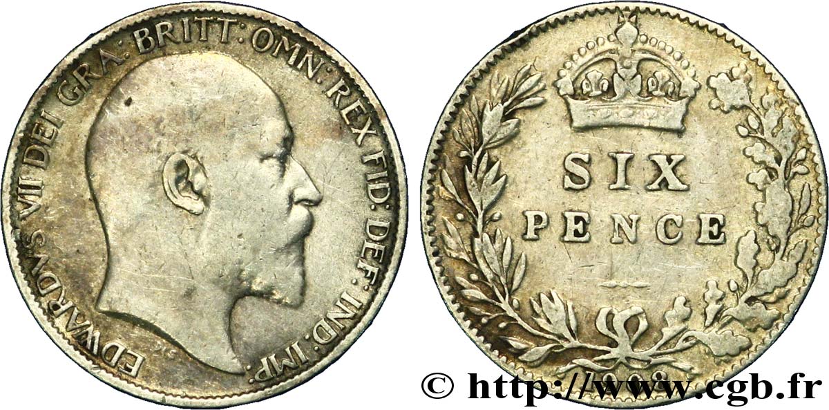 REINO UNIDO 6 Pence Edouard VII / blason 1908  BC+ 