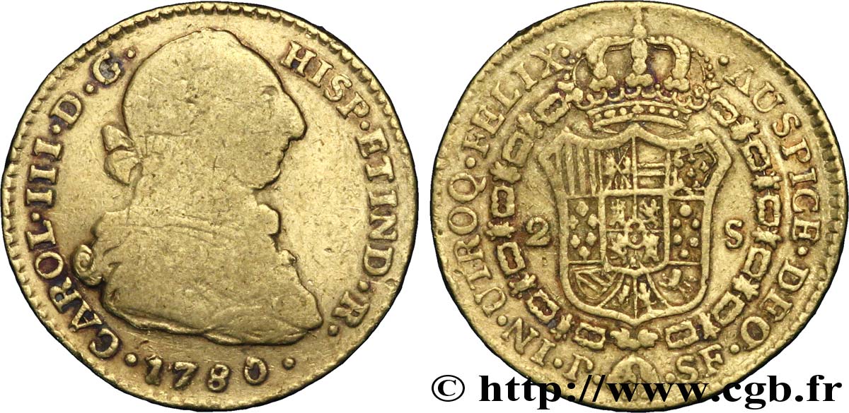 COLOMBIA 2 Escudos Or Charles III / écu couronné 1780 Popayan BC 