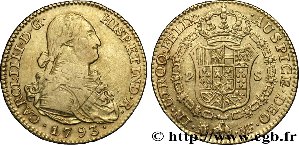 SPAIN 2 Escudos OR Charles IIII / écu couronné 1793 Madrid XF 
