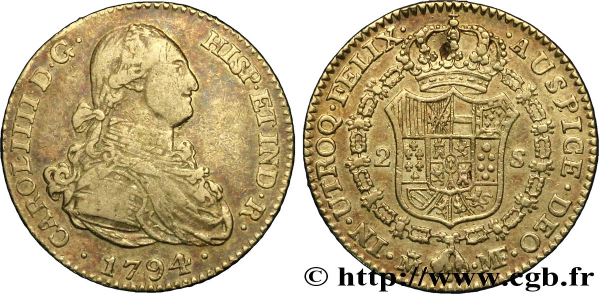 ESPAÑA 2 Escudos OR Charles IIII / écu couronné 1794 Madrid MBC 