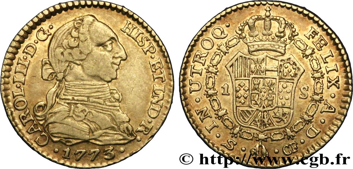 ESPAGNE 1 Escudo Or Charles III / écu couronné 1773 Séville TTB+ 