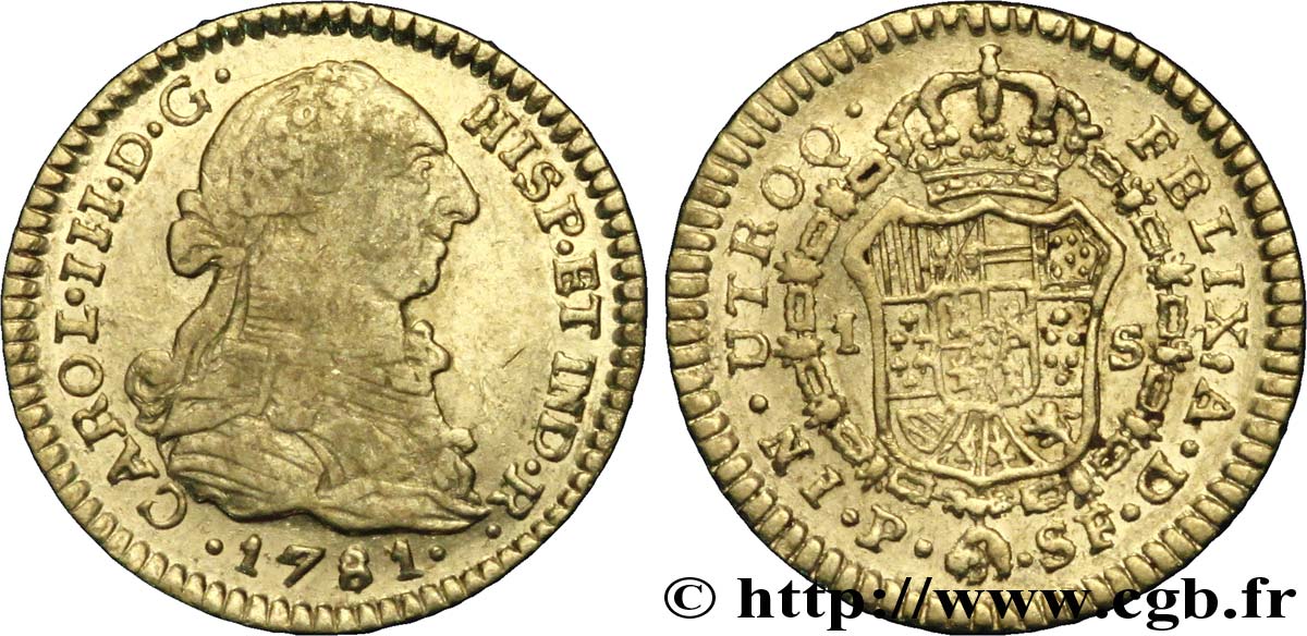 COLOMBIA 1 Escudo Or Charles III / écu couronné 1781 Popayan XF 
