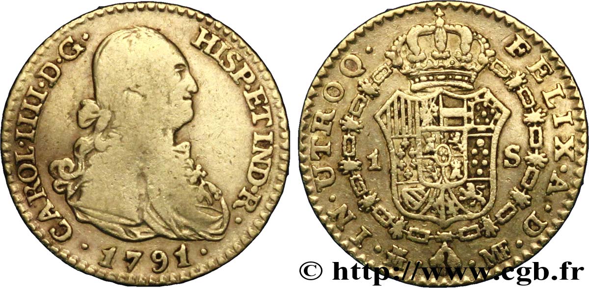 SPAIN 1 Escudo OR Charles IIII / écu couronné 1791 Madrid VF 
