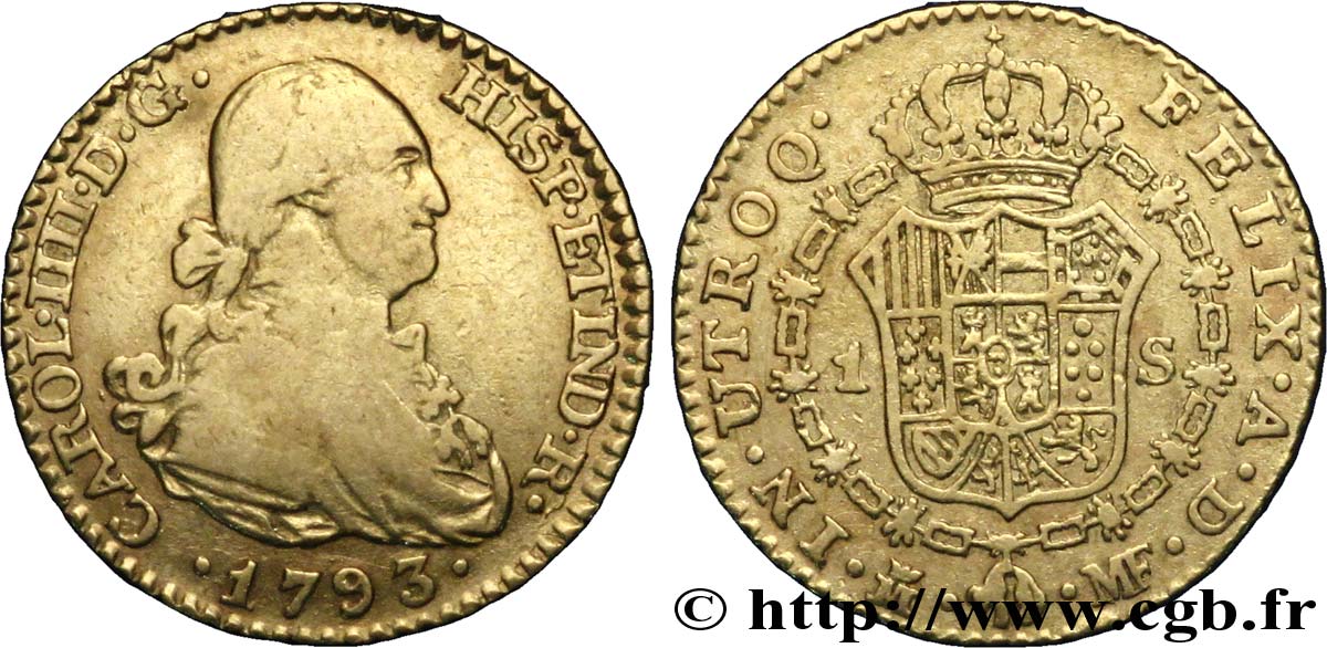 ESPAÑA 1 Escudo OR Charles IIII / écu couronné 1793 Madrid BC 