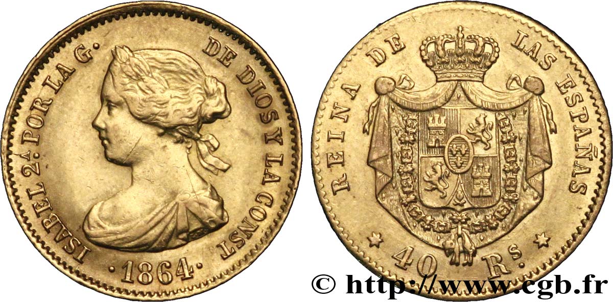 SPANIEN 40 Reales Isabelle II / écu couronné 1864 Madrid VZ 