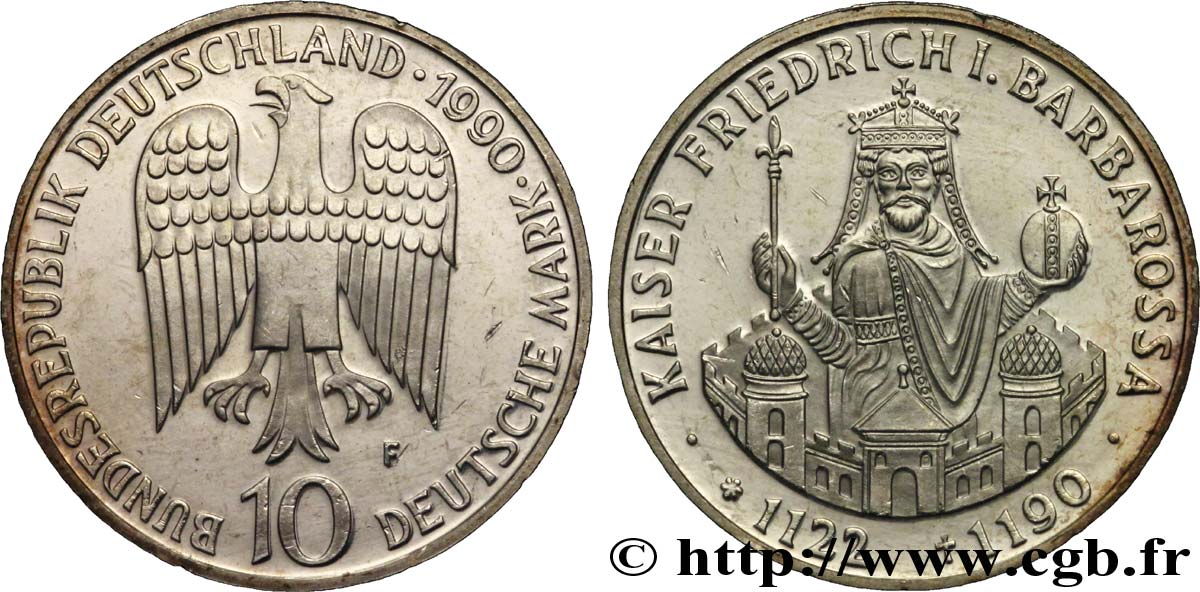 GERMANY 10 Mark aigle héraldique / 800e anniversaire de la mort de Frédéric Barberousse 1990 Stuttgart AU 