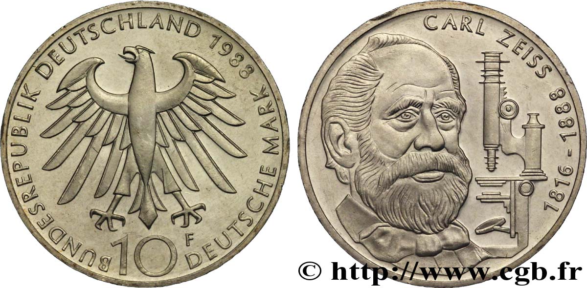 GERMANY 10 Mark aigle héraldique / ingénieur-opticien Carl Zeiss 1988 Stuttgart - F AU 