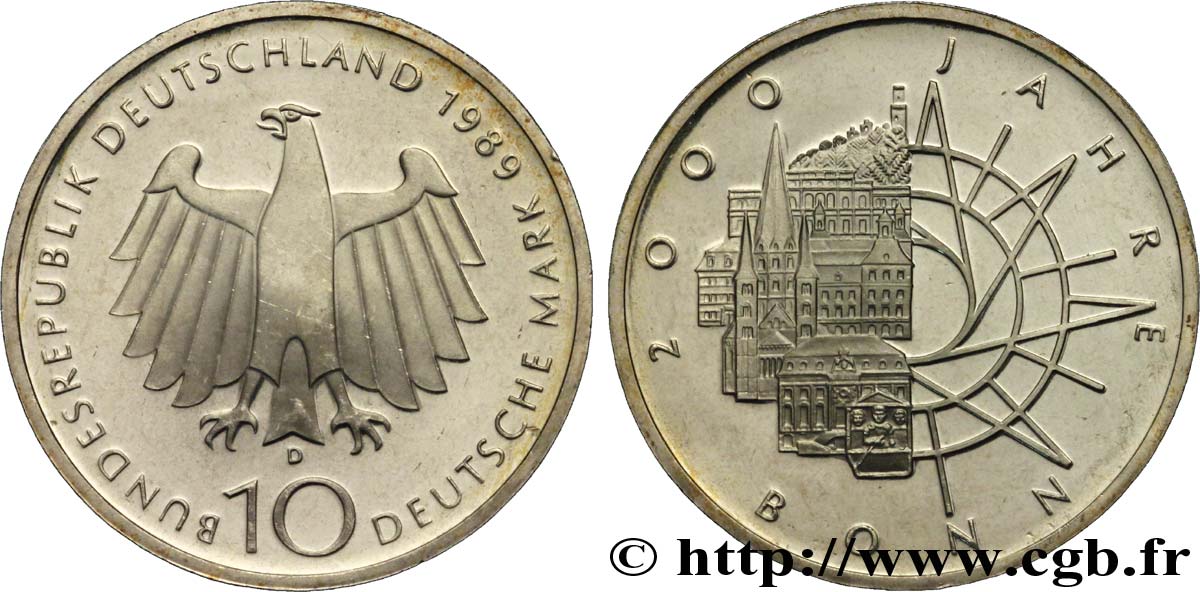 DEUTSCHLAND 10 Mark Proof aigle héraldique / 2000e anniversaire de la fondation de Bonn 1989 Munich - D fST 