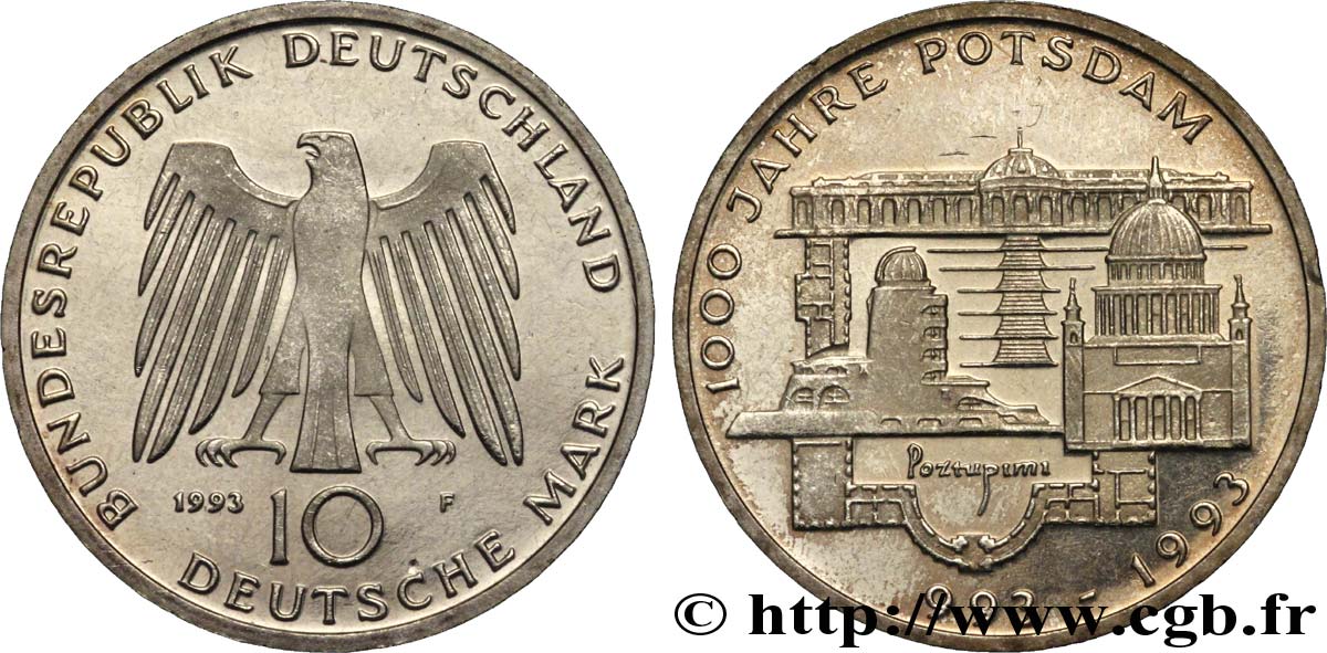DEUTSCHLAND 10 Mark (Proof) / Millénaire de la fondation de Potsdam 1993 Stuttgart - F fST 