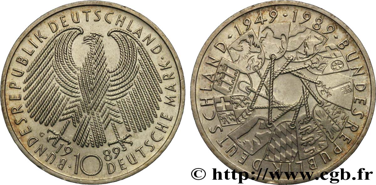 GERMANIA 10 Mark aigle héraldique / 50e anniversaire de la fondation de la République Fédérale Allemande 1989 Karlsruhe - G MS 