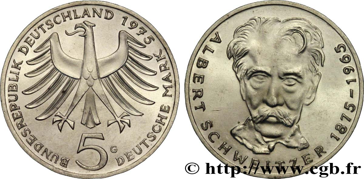 GERMANIA 5 Mark aigle héraldique / Albert Schweitzer 1975 Karlsruhe - G MS 