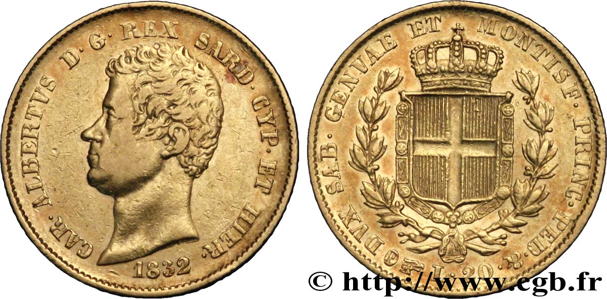 ITALIEN - KÖNIGREICH SARDINIEN 20 Lire Charles-Albert roi de Sardaigne 1832 Turin SS 