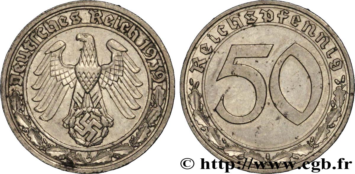 DEUTSCHLAND 50 Reichspfennig aigle et svastika 1939 Berlin VZ 